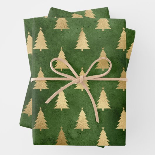 Dunkelgrüne und goldene Weihnachtsbaumen Geschenkpapier Set (Beispiel)