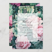 Dunkelgrüne und pastellrosa Blumenhochzeit Einladung (Vorne/Hinten)