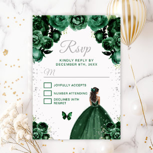 Dunkelgrüne und silberne Prinzessin mit dunkler Ha RSVP Karte