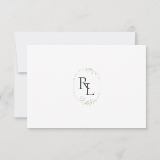 Dunkelgrüne und weiße Blütenmonogramm QR-Hochzeit  RSVP Karte (Rückseite)