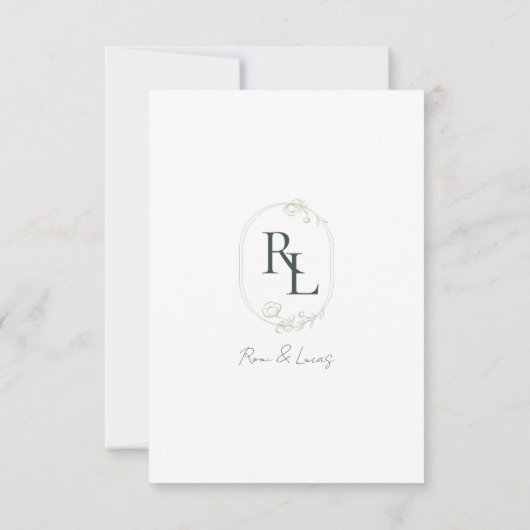 Dunkelgrüne und weiße Blütenmonogramm RSVP Karte (Rückseite)