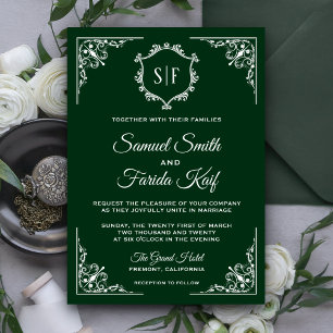 Dunkelgrüne Verzierte Monogramm-Hochzeitseinladung Einladung