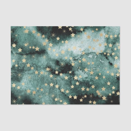 Dunkelgrüne Wasserfarbe mit Goldstars Seidenpapier (Vorderseite)