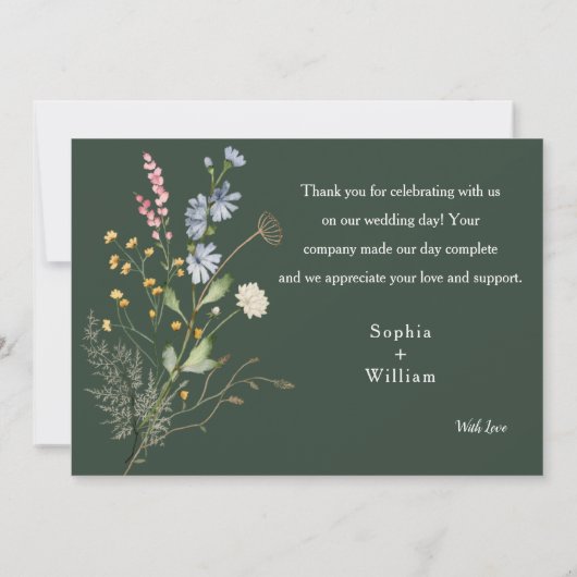 Dunkelgrüne Wasserfarbe Wildblume Thema Hochzeit Dankeskarte (Rückseite)