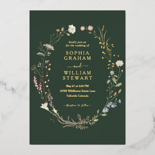 Dunkelgrüne Wasserfarbe Wildblume Thema Hochzeit Folieneinladung (Vorderseite)