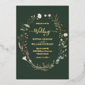 Dunkelgrüne Wasserfarbe Wildblume Thema Hochzeit Folieneinladung (Vorderseite)