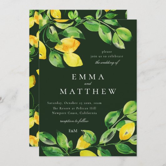 Dunkelgrüne Wasserfarbenlemon mediterran Einladung (Vorne/Hinten)