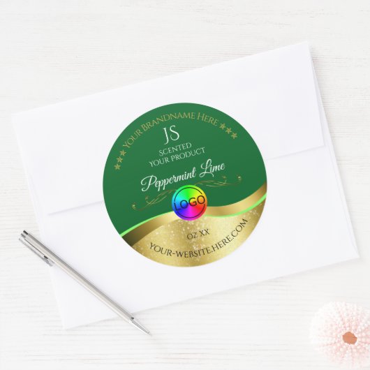 Dunkelgrüne Wavy Gold Logo Monogram Product Label Runder Aufkleber (Umschlag)
