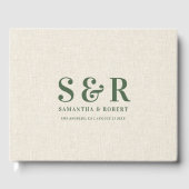 Dunkelgrüne Wedding Monogram Beige Linen Gästebuch (Vorderseite)