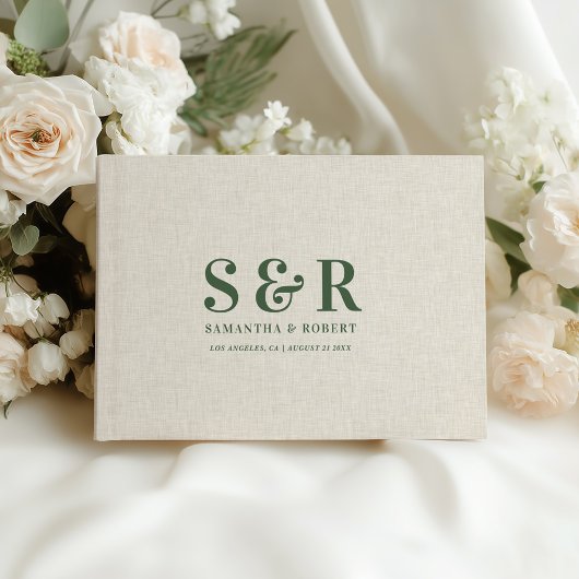 Dunkelgrüne Wedding Monogram Beige Linen Gästebuch