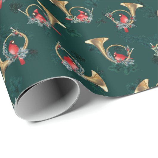 Dunkelgrüne Weihnachtsmusik-Kardinal in Post Horns Geschenkpapier (Rolleneckpunkt)