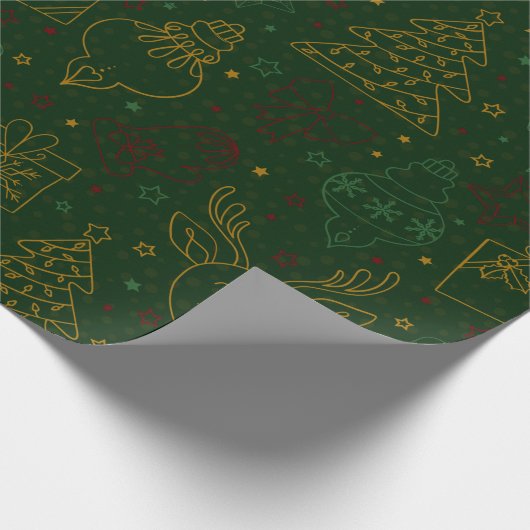 Dunkelgrüne Weihnachtsschmuck & Glitzern Muster Geschenkpapier (Ecke)