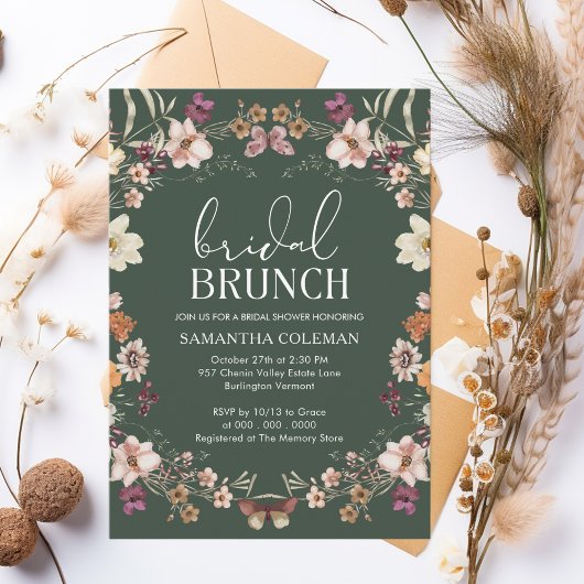 Dunkelgrüne Wildblume Bridal Brunch Brautparty Einladung