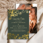 Dunkelgrüne Wirbel Foto Hochzeit Save The Date<br><div class="desc">Dunkelgrüne Hochzeit Save the Date mit eleganten und lustigen goldenen Wirbel und Schnörkeln betont. Personalisiert mit Ihren Informationen auf der Vorderseite und Ihrem Foto auf der Rückseite. Kontaktieren Sie mich, um Hilfe bei Ihren Anpassungen zu erhalten oder um zusätzliche Matching oder Koordination von Zazzle Produkten für Ihre besonderen Anlaß zu...</div>