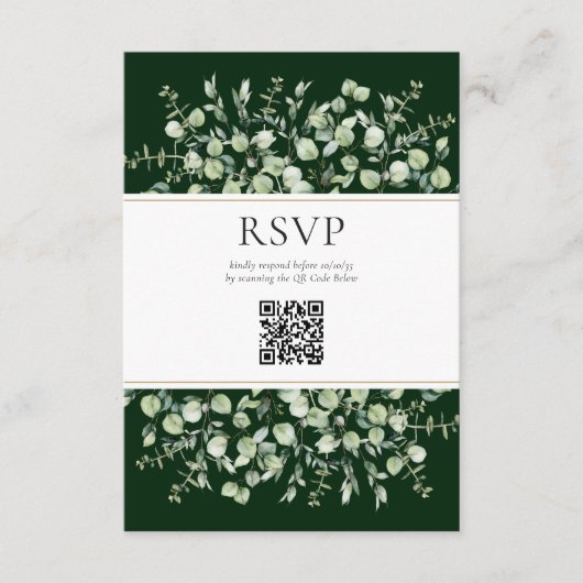 Dunkelgrüner Eukalyptus QR-Code Hochzeits-RSVP Begleitkarte (Vorderseite)