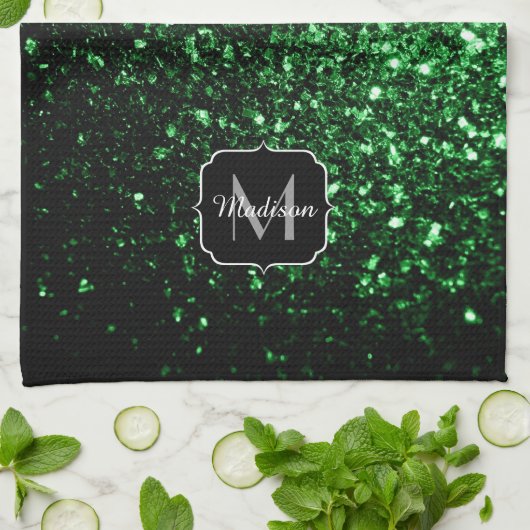 Dunkelgrüner falscher Glitter funkelt Monogramm Geschirrtuch (Gefaltet)