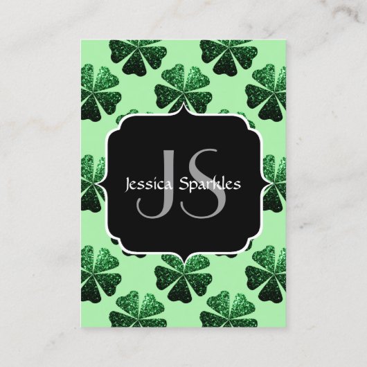 Dunkelgrüner Glitzer Funkeln Kleeblatt Monogram Visitenkarte (Rückseite)