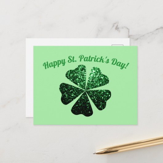 Dunkelgrüner Glitzer funkeln Kleeblatt St Patrick  Postkarte (Vorderseite/Rückseite Beispiel)