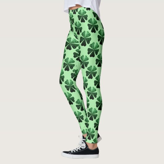 Dunkelgrüner Glitzer funkelndes Kleeblatt Clover M Leggings (Links)