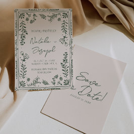 Dunkelgrüner handgezeichneter floraler Garten Boho Save The Date