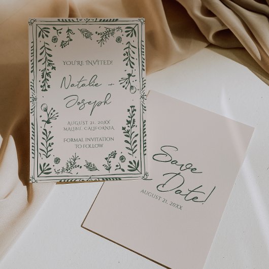 Dunkelgrüner handgezeichneter floraler Garten Boho Save The Date