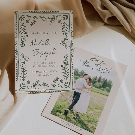 Dunkelgrüner handgezeichneter floraler Garten Foto Save The Date