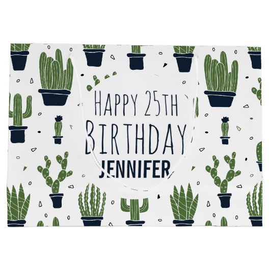 Dunkelgrüner Kaktus Wüstenmuster Glücklich Geburts Große Geschenktüte (Rückseite)