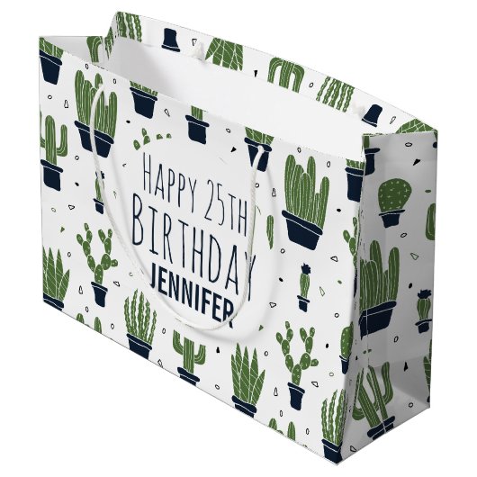 Dunkelgrüner Kaktus Wüstenmuster Glücklich Geburts Große Geschenktüte (Rückseite Schrägansicht)