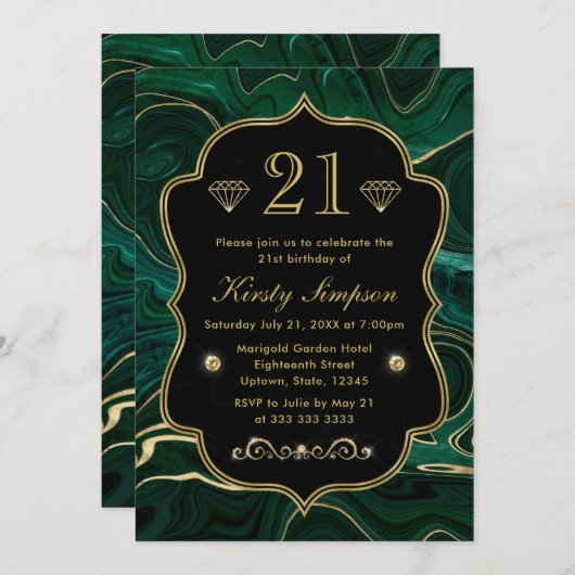 Dunkelgrüner Malachit und goldene Forelle Strata G Einladung (Vorne/Hinten)