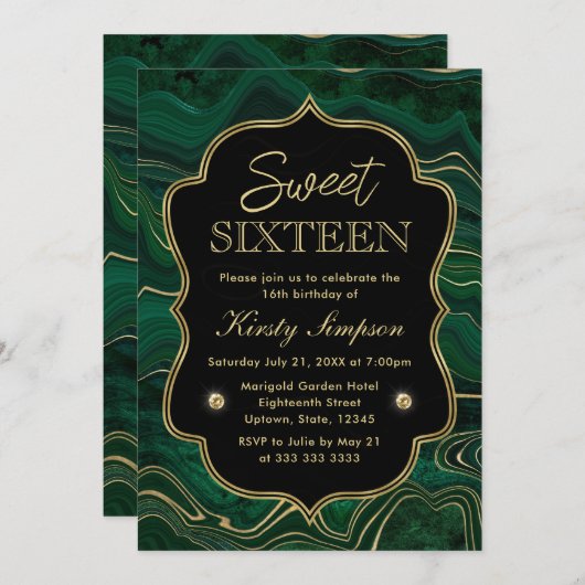 Dunkelgrüner Malachit und goldener Foil Strata Swe Einladung (Vorne/Hinten)