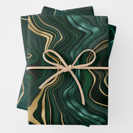 Dunkelgrüner Malachit und goldener Foil Strata Vei Geschenkpapier Set (Beispiel)