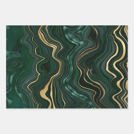 Dunkelgrüner Malachit und goldener Foil Strata Vei Geschenkpapier Set (Vorderseite)