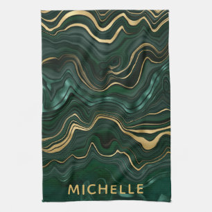 Dunkelgrüner Malachit und goldener Foil Strata Vei Geschirrtuch