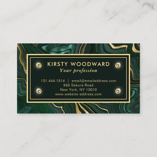 Dunkelgrüner Malachit und goldener Foil Strata Vei Visitenkarte (Rückseite)