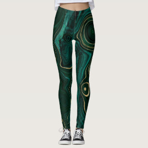 Dunkelgrüner Malachit und Goldfolie-Schichtadern Leggings