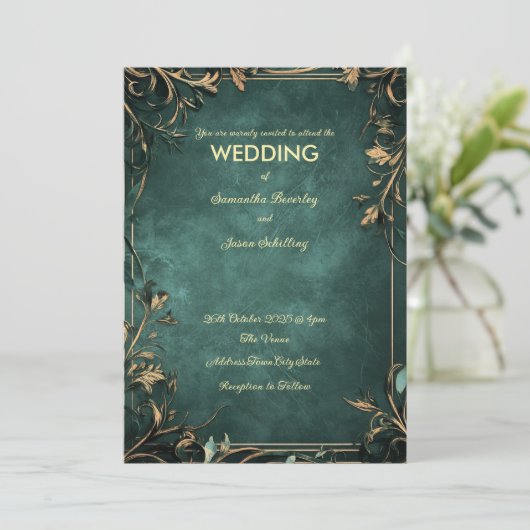 Dunkelgrüner Marmorboden, rustikale Grenzen Invi Einladung (Stehend Vorderseite)