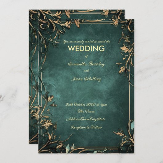 Dunkelgrüner Marmorboden, rustikale Grenzen Invi Einladung (Vorne/Hinten)