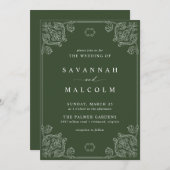 Dunkelgrüner Olive | Verzierte Vintage Hochzeit Einladung (Vorne/Hinten)