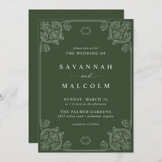 Dunkelgrüner Olive | Verzierte Vintage Hochzeit Einladung (Vorne/Hinten)
