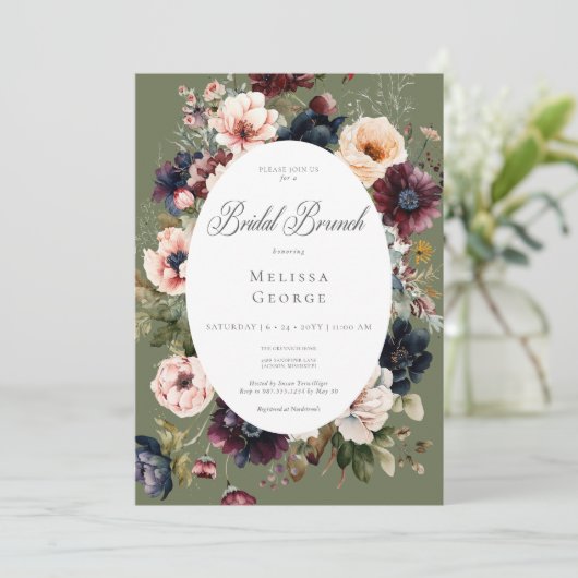 Dunkelgrüner Oval Blumenrahmen Bridal Brunch Einladung (Stehend Vorderseite)