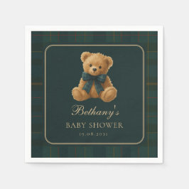 Dunkelgrüner Polo-Tartan-Teddybär-Baby-Shower Serviette