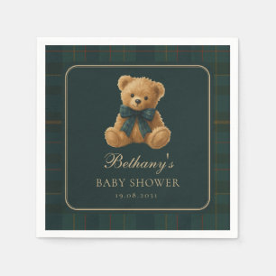 Dunkelgrüner Polo-Tartan-Teddybär-Baby-Shower Serviette