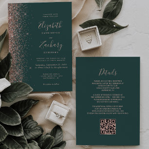 Dunkelgrüner Rose-Gold-Glitter-QR-Code-Hochzeit Einladung
