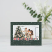 Dunkelgrüner Roter Schnee Weihnachtslicht Foto Feiertagspostkarte (Stehend Vorderseite)