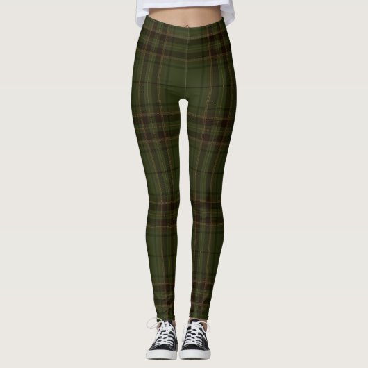 Dunkelgrüner Schwarzer Brauner Schottischer Tartan Leggings (Vorderseite)