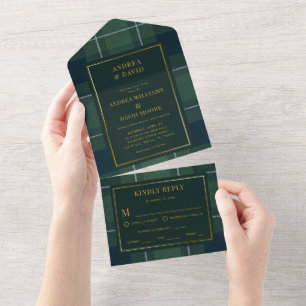 Dunkelgrüner Tartan-Polo-Karo-Hochzeitsstil Vintag All In One Einladung