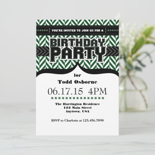 Dunkelgrüner Weißer Schwarzer Ringbone Geburtstag  Einladung (Stehend Vorderseite)