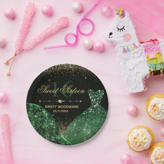 Dunkelgrünes Aquarellkleid & Glam Wave Sweet 16 Pappteller (Party)