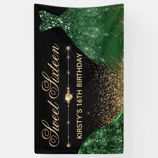 Dunkelgrünes Aquarellkleid & Wellenrahmen Süß 16 Banner (Vertikal)