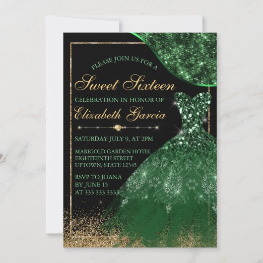 Dunkelgrünes Aquarellkleid & Wellenrahmen Süß 16 Einladung (Vorderseite)